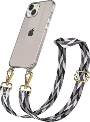 Produktbild von EAZY CASE Handykette - Verstellbarer Trageriemen kompatibel mit Apple iPhone 13, Handykordel mit transparenter Silikon-Hülle, Karabiner Gold, Mix Style, Band in Schwarz