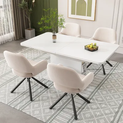 A dining set with a white table and four beige chairs in a well-lit room with a patterned rug.