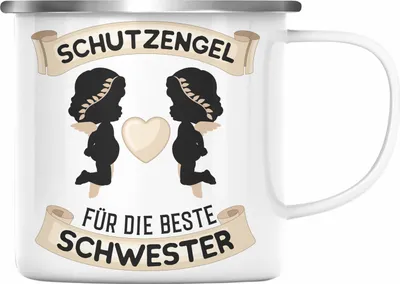 Produktbild von Trendation - Schutzengel Schwester Emaille Tasse Geschenk für Schwester Geschenkidee Beste Schwester Geburtstag (Silber)