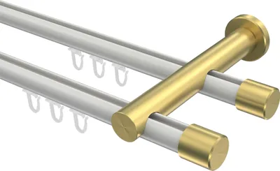 Produktbild von Interdeco Innenlaufstange / Gardinenstange mit Innenlauf Weiß / Messing-Optik, Typ Platon Santo (Kappe), 20 mm Ø 2-läufig, 140 cm
