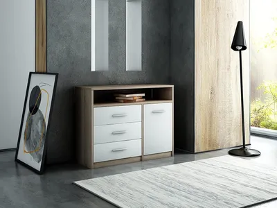 Produktbild von MATKAM Kommode Bodo 1D3SO, H75 x B98 x T35 cm, mit 3 Schubladen, einem Ablagefach und einem Türschrank, Griffe in Metall-Optik, (Sonoma Eiche – weiß)