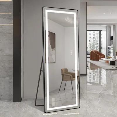 Produktbild von LED Standspiegel 163x54 cm – dimmbar, Aluminiumrahmen, 3 Lichtfarben, Wand- & Bodenmontage, Schwarz