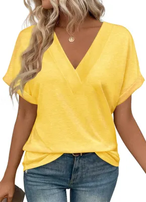 Image de ASKSA T-Shirt Femme Col V Manches Courtes Blouse Elégante Eté Casual Unicolore T-Shirts Basic Tunique Tops Hauts Décontractés (Jaune,XL)