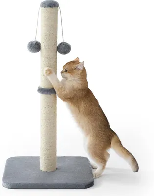 Productafbeelding van Krabpaal voor katten - 36 x 36 x 74 cm - sisal en pluche - met hangende pompons - middelgroot