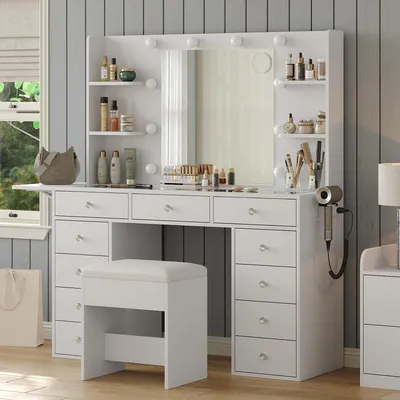 Immagine prodotto di Comò da trucco con specchio e illuminazione a LED, 11 cassetti, prese di corrente, colore bianco