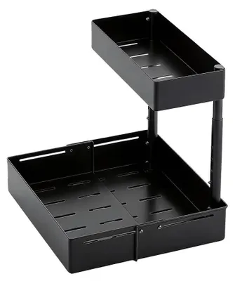 Image de Organisateur pour meuble sous évier - Étagère coulissante à 2 niveaux - Extensible - Réglable en hauteur - Métal - Noir