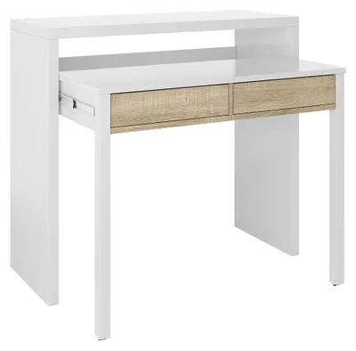 Produktbild von Ausziehbarer Konsolenschreibtisch mit zwei Schubladen in Eiche und Weiß, Maße 98 x 87 x 36 cm (ausziehbar bis 66 cm)