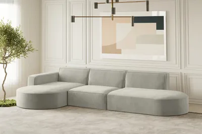 Produktbild von Ecksofa Designersofa PALMA in Stoff Noel Hellgrau Ottomane Links