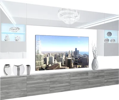 Produktbild von BELINI Wohnwand Vollausstattung Wohnzimmer-Set Moderne Schrankwand mit LED-Beleuchtung Weiß Glänzend Anbauwand TV-Schrank Weiß / Eiche Glamour Glänzend/Matt