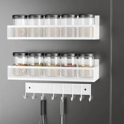 Produktbild von Kühlschrank-Gewürzregal weiß, magnetisch, 2 Ablagen, mit Hakenschiene, für Küche