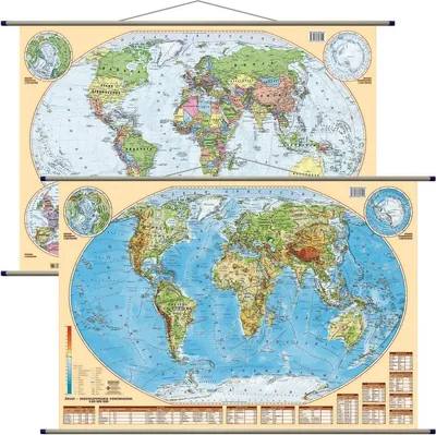 Zdjęcie produktu dla Świat mapa ścienna dwustronna fizyczno-polityczna, 1:60 000 000, gotowa do zawieszenia, 58x38 cm, ArtGlob