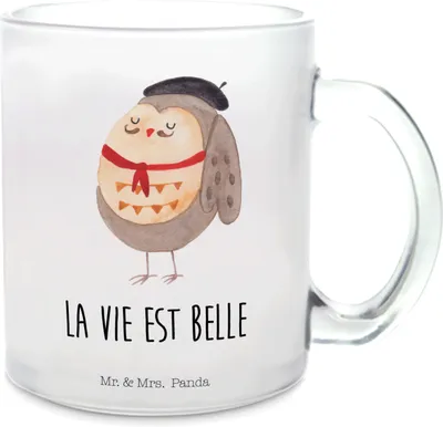 Produktbild von Mr. & Mrs. Panda Teeglas Eule Frankreich - Transparent - Geschenk, Teetasse, aus Glas, Haferl, La Vie Est Belle, Spruch, Häferl, Owl, Tee Tasse