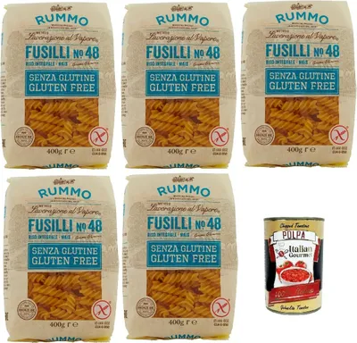 Produktbild von Rummo Pasta Nudeln Glutenfreie Fusilli N° 48, Bronze Gezeichnete gluteinfrei, perfekt für Menschen mit Zöliakie oder Glutenunverträglichkeit, 5x 400 g + Italian Gourmet polpa 400g