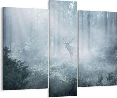 Produktbild von Bild auf Leinwand - Leinwandbild - 3 Teile - Hirsch Wald Morgendämmerung - 95x80cm - Wand Bild - Wanddeko - Wandbilder - Leinwanddruck - Bilder - Wanddekoration - Leinwand bilder - CB95x80-4667