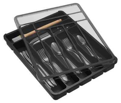 A black cutlery organizer with a transparent lid, filled with various utensils.