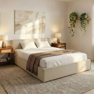 Produktbild von Polsterbett PESARO 160x200 cm, Beige – modernes Doppelbett mit Lattenrost, Stoffbezug aus 100% Polyester in Leinen Optik, mit Kopfteil für Schalfzimmer