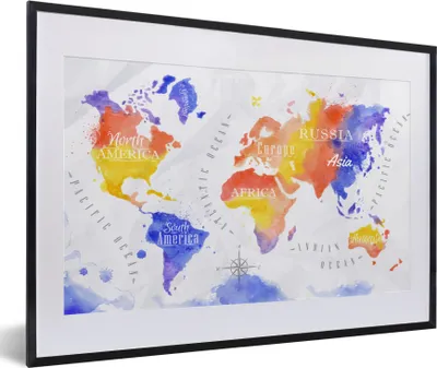 Produktbild von MuchoWow® MuchoWow® Gerahmtes Poster Weltkarte - Aquarell - Rot - Blau 60x40 cm - Poster mit zchwarzem Bilderrahmen - Schlafzimmer - Plakat in Rahmen - Drucken