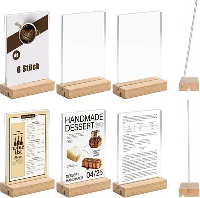 Productafbeelding van 6 stuks tafelstandaard A6, acryl tafelstandaard A6 met houten voet, prijskaarten, menukaarten, standaard