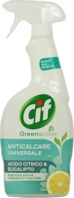 A white spray bottle of cleaning product with green and teal labeling.