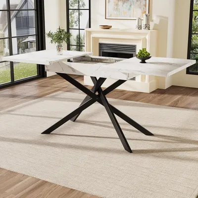 Image de Table extensible, forme rectangulaire, dimensions 120-160 x 80 x 76,5 cm, couleur blanche, pieds en fer croisés