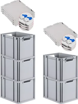 Produktbild von SuperSparSet 5x Eurobox NextGen Economy mit Scharnierdeckel und blauen Schiebeschnappverschlüssen | Griffe offen | HxBxT 32x30x40cm | 30 Liter | Eurobehälter, Transportbox, Transportbehälter, Stapelbehälter
