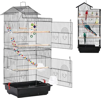 Obrázok produktu pre JOIEYOU Kovové klietky pre vtáky Budgie Cage s hračkami a odpočinkovou drevenou tyčou Cockatiels Bird Builder 46x35.5x99cm Prenosná voliéra pre vtáky s kŕmidlom a odnímateľným podnosom pre domáce vtáky