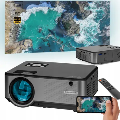 A projector and its accessories are displayed with a projected image of a scenic landscape.