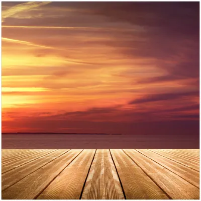 Produktbild von Wallario Premium Glasbild, freischwebende Optik, kräftige Farben, Größe 30 x 30 cm Motiv Steg am See - Sonnenuntergang und roter Himmel