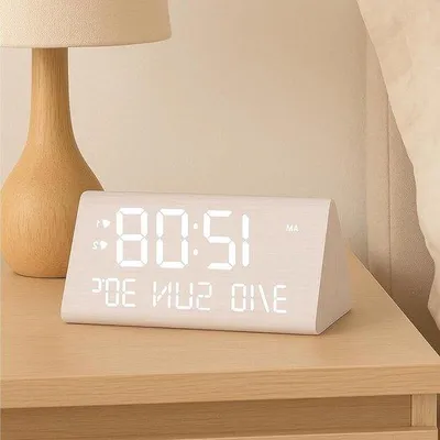 Obrázek produktu pro Digitální dřevěný budík s dvojitou budící funkcí a bílým designem
