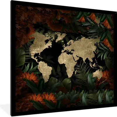 Produktbild von MuchoWow® MuchoWow® Gerahmtes Poster Weltkarte - Retro - Blumen 40x40 cm - Poster mit zchwarzem Bilderrahmen - Mit Rahmen - Wanddekoration Schlafzimmer