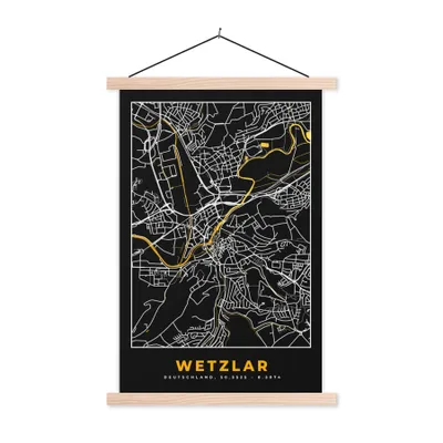 Produktbild von MuchoWow® Textilposter Wetzlar - Gold - Stadtplan - Deutschland - Schwarz und Gold - Karte 60x90 cm mit holzfarbenen Rahmen - Textil