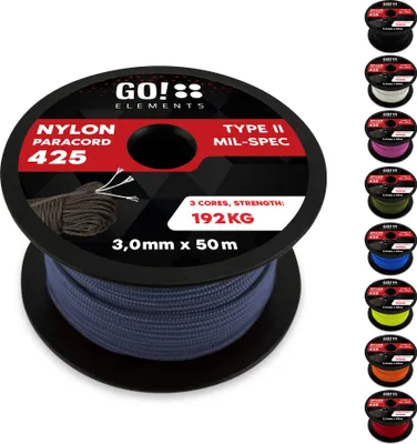 Produktbild von GO!elements 50m Paracord Seil aus reißfestem Nylon - 3mm Paracord 425 Typ II max. 192kg - Schnüre als Outdoor Seil, Allzweckseil, Survival Seil, Armband, Hundeleine, Nylonschnur, Farbe: Grau-Blau