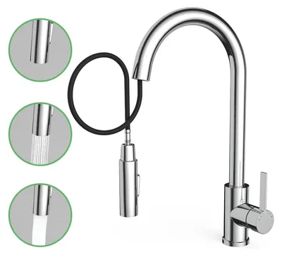 Immagine prodotto di Rubinetto da cucina - Rubinetto estraibile per lavello - Acciaio inossidabile 304 - 2 tipi di getto - Acqua calda e fredda - Alta pressione - Montaggio a filo