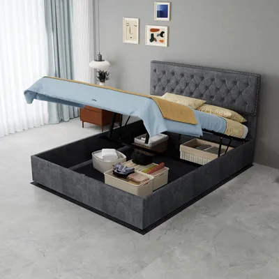 Obrázok produktu pre Postel s čalúneným rámom, rozmery 140x200 cm, sivá farba, s poťahom z velúru, s úložným priestorom a plynovou pružinou, s vysokým čelom a s ozdobnými nitmi, vhodná do spálne
