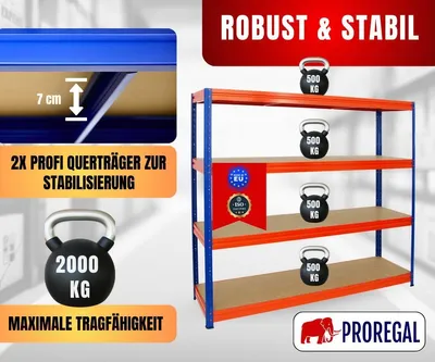 Produktbild von Schwerlastregal DINO | HxBxT 180x200x60cm | 4 MDF-Platten-Ebenen 6,5 mm | Fachlast 500kg | Blau/Orange