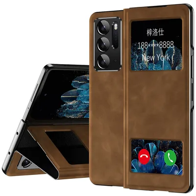 Immagine prodotto di Custodia sottile in pelle flip per Oppo Find N, con finestra di visualizzazione e funzione stand Marrone