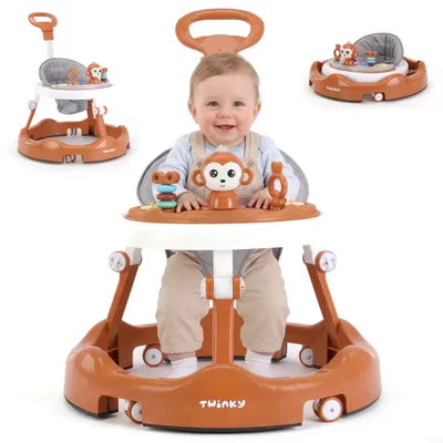 Imagen del producto de Ayudante para aprender a caminar Twinky® en color marrón: cochecitos para aprender a caminar con juego de accesorios para un aprendizaje seguro y divertido. Incluye alfombrilla para los pies y asa de apoyo
