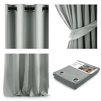 A collage of four images showing different views of silver blackout curtains.