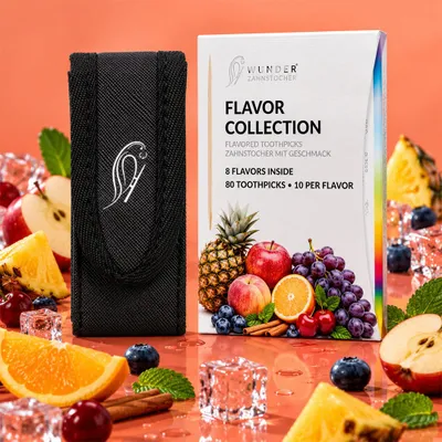 Produktbild von Wunder Zahnstocher mit Geschmack - Ledertasche + 80er Single Pack frischer Atem mit Aromatisierte Zahnstocher - Lifestyle