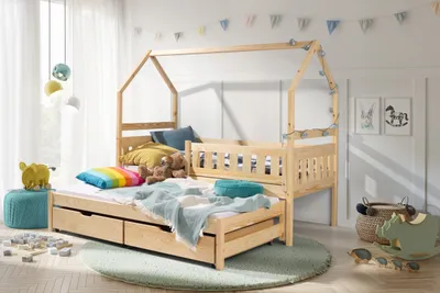 Produktbild von KEF BLANKA Kinderbett 90x200 cm - Doppelbett mit Schubladen - Hausbett aus Holz - Babybett mit Zwei Matratzen - Naturbelassen