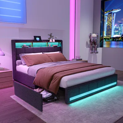 Obrázok produktu pre Čalúnená posteľ Fortuna Lai 140x200 cm v sivej farbe, posteľ pre mladých a manželská posteľ s lamelovým roštom, USB pripojením, LED osvetlením a 4 zásuvkami, poťah z bielizne