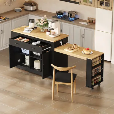 Image de Îlot de cuisine Merax avec plateaux coulissants, 2 prises électriques + 2 ports USB, comptoir de bar mobile avec étagères réglables, MDF, noir