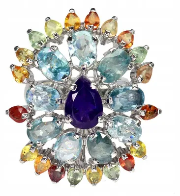 Produktbild von Ring aus 925er Silber mit natürlichen Saphiren, Songea-Steinen, Zirkonia und Amethyst, Größe 15