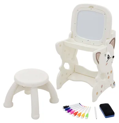 Produktbild von Joyz 3in1 Spieltisch mit 2 Tafeln Kinderhocker und Zubehör Weiß Kindertafel mit Stuhl LCD-Tafel/Magnetische Whiteboard Kinder Staffelei mit Ablage