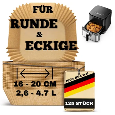 Produktbild von Backpapier für Heißluftfritteusen, 16 x 16 cm, 125 Stück. Für runde und quadratische Körbe mit 16–20 cm Durchmesser (2–4,5 l). Ungebleicht, BPA-frei, fettabweisend, antihaftbeschichtet bis 230 °C. Geeignet für Cosori, Ninja, Philips und Tefal.