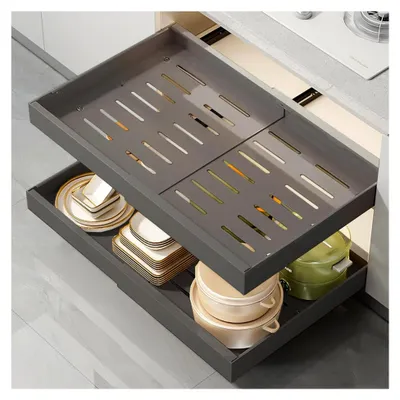 Produktbild von Teleskopschublade, Ausziehbare Schublade für Küchenschränke mit Ordnungssystem, Kein Bohren, Küchenschrank Organizer für Speisekammer und Badezimmer (Grau, 32-52cm)