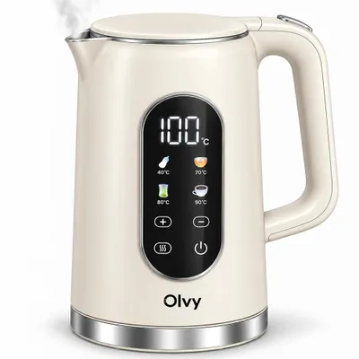 Image de Bouilloire Olvy couleur crème, réglage de la température, 1,7 l – écran LCD, 2200 W, sans BPA, fonction de maintien au chaud, filtre anti-calcaire, sélection de la température 40–100 °C, acier inoxydable