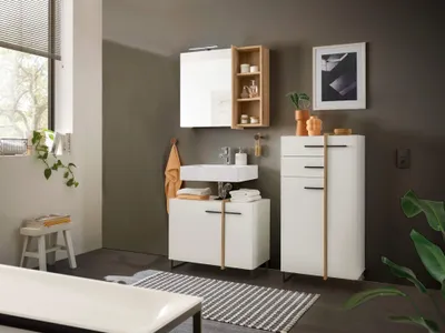 Produktbild von Badezimmer Badmöbel MESSINA Korpus Weiß matt, Absetzung Evoke Eiche, Highboard, Spiegelschrank, Wbu, Set 3
