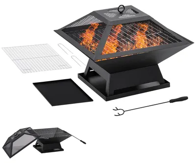 Produktbild von Feuerschale 45 x 45 x 34cm aus Edelstahl Feuerstelle mit Funkenschutz Schürhaken Feuerschalen Feuerkorb für Garten, Balkon, BBQ Camping Schwarz