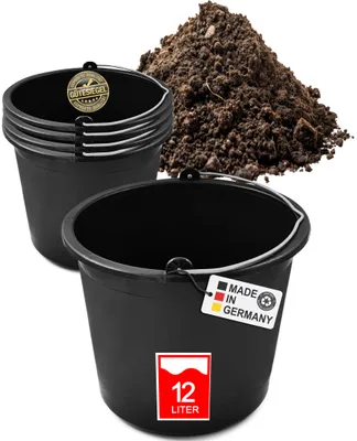 Produktbild von 5x Baueimer 12l - Mörteleimer mit Henkel - Eimer für Baustelle & Garten - Stabiler Wasserkübel, Betoneimer mit Skala, Recycelter Kunststoff